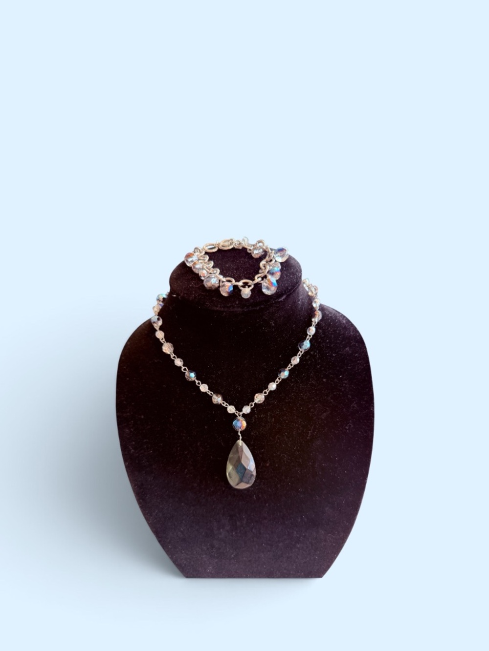 Iridescent Crystal Necklace & Bracelet Set with Teardrop Pendant